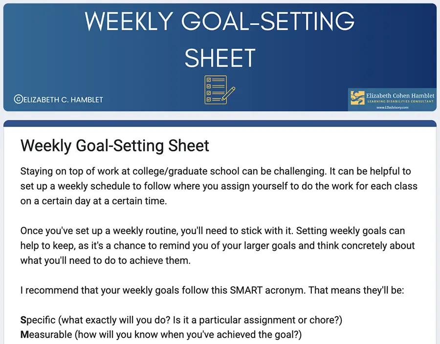 Showing the top of the goal-setting sheet, including the opening text.
