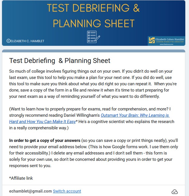 Screenshot of the Test Debriefing and Planning Sheet shows the opening text describing how to use the form.