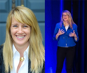 Headshot of Elizabeth Hamblet, a middle aged white woman with blond hair wearing a white shirt is on the left. On the right is a picture of Elizabeth in a blue jacket giving a speech on stage.